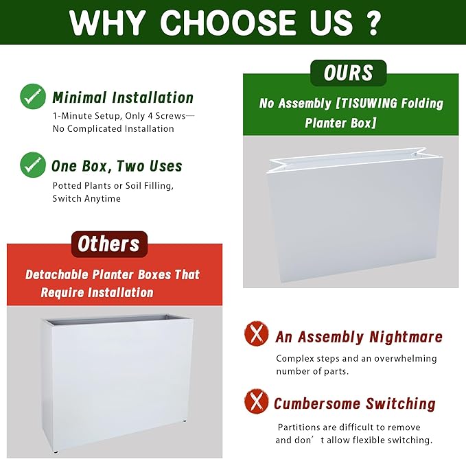 TISUWING Metal Planter Box, No Installation Galvanized Steel Folding Rectangular Planter with Drainage Holes, 35.5"x 10"x 28" White Outdoor Planter for Porch/Patio/Garden