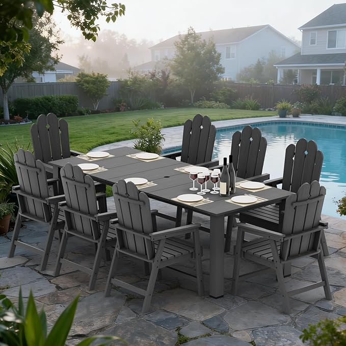 9-Piece Patio Dining Set, Outdoor Dining Set for 8, Large HDPE All-Weather Outdoor Furniture with 89.57” Umbrella Hole Table, 8 Armchairs, Gray