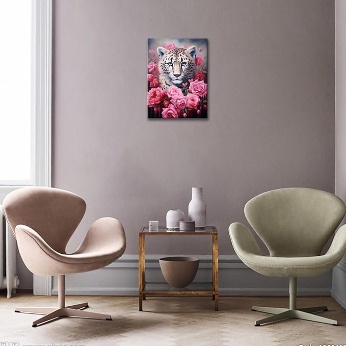 FUNHUA Rose Leopard Wall Art Wildlife Animal Poster Pink Rose Teens Little Girls Women BedroomLittle Girls Room Nursery Toddler Wall Art Framed Artwork for Modern Living Room Bedroom Bathroom 12x16inches