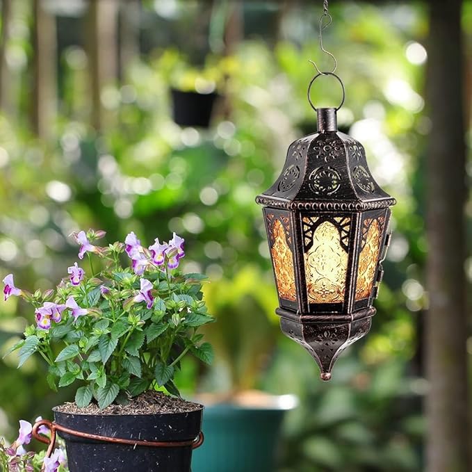 DECORKEY Ramadan Lantern Decorative Indoor & Outdoor, 13.6’’ Vintage Decorative Hanging Lanterns with Chian for Home Porch Patio Decor, Metal Christmas Moroccan Candle Holder Decorations (Amber)