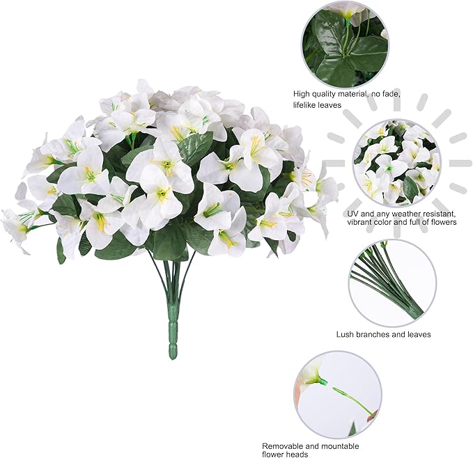 Artificial Bougainvillea Flowers for Outdoors Fake Plants, 4 Bundles White Fake Spring Flowers Silk UV Resistant Look Real Faux Flowers for Outdoor Planters Porch Patio Window Garden Outside Decor