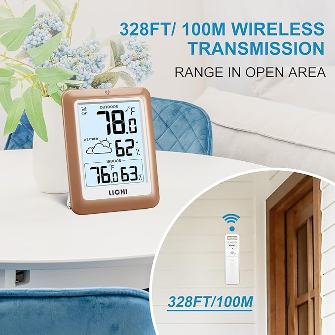 Indoor Outdoor Thermometer Wireless Weather Station, Internal External Thermometer Hygrometer, Home Batteryoperated Temperature Humiditymonitors330 Feet (About 100 Meters) Backlight Display