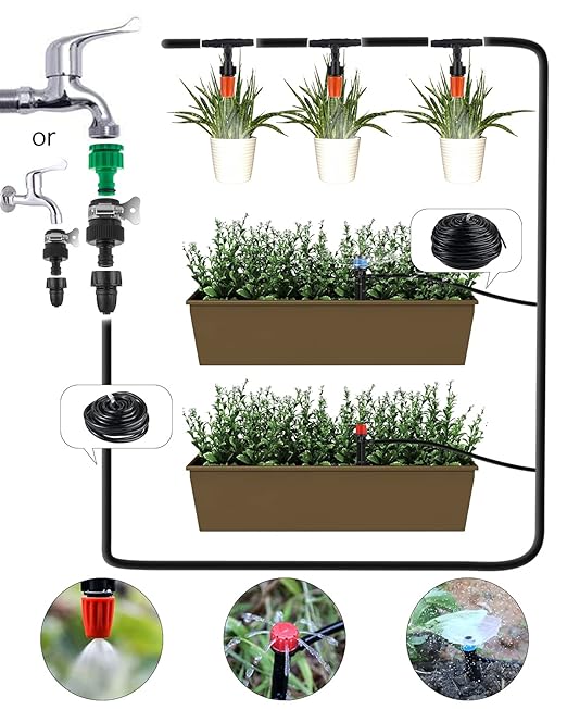 Irrigation System Kit, MSDADA 226Ft Garden Watering System Automatic Drip Irrigation System, Plant Watering Devices with Distribution Hose, Plant Drip Feeders for Indoor, Greenhouse, Flower Bed, Patio