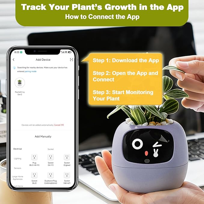 Plantsio AI Smart Pot for Plants with App Control, Self-Watering, Visual Display & 80ml Reservoir, Digital Plant Pot Supports 100+ Plants, Pomodoro Timer, Clock & Calendar,Desk & Office Planter-Purple
