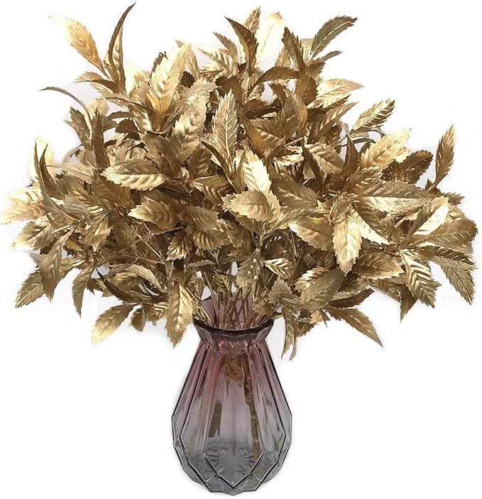 PASYOU Artificial Golden Plants Decor, Plastic Grass Fake Shrubs Simulation Leaves for Indoor Outdoor Home Garden Planter Filler Party Verandah Wedding Faux DIY Decoration - Gold 6 Pack