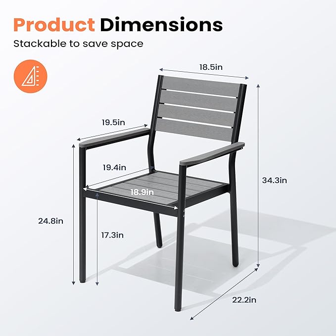 Pellebant Stackable Outdoor Dining Chairs Set of 6, Aluminum Patio Chairs with Arms, All-Weather for Garden, Lawn, Deck, Porch and Yard, Gray