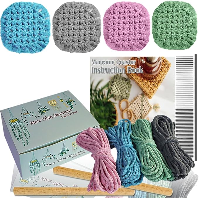 Ewparts Macrame Kits for Adults Beginners to Make 4 Macrame Cup Coasters Boho Coasters Kit with Macrame Supplies Pre-Cutted Macrame Cord Pink/Blue/Grey/Sega Christmas Ornament Kits for Adults