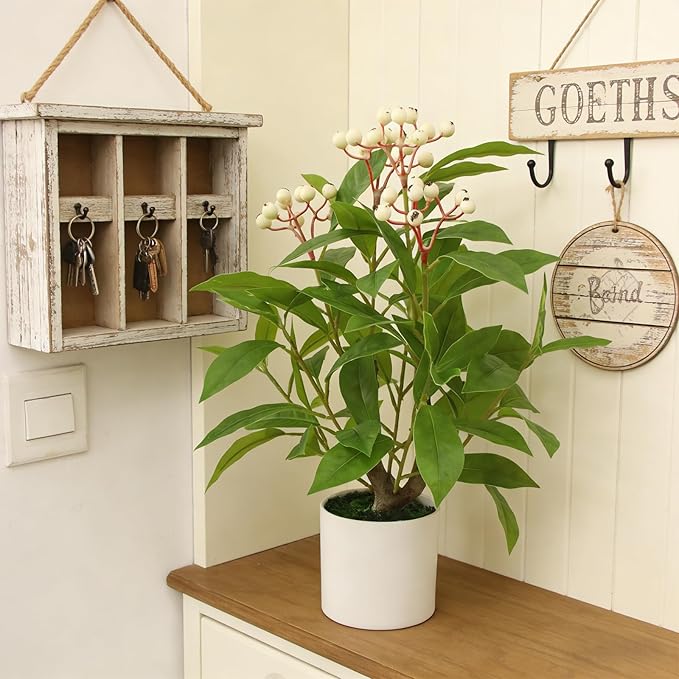 16" Artificial Potted Greenery Tree, Indoor Fake Berry Stems Tree in Pot Table Faux Green Plant for Home Desk Decor Office Kitchen Living Room Bedroom Bathroom (S, White Berry)