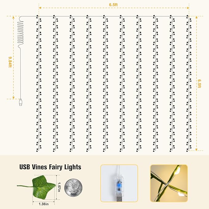 JMEXSUSS Vines Lights for Bedroom, 200 LED Vines Fairy Lights, Artificial Ivy Leaf Light for Wall Curtain Wedding Party Christmas Indoor Decor, 6.5ft x 6.5ft with Remote