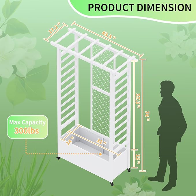 Raised Garden Bed with Trellis & Hanging Roof, Weatherproof Metal Planter Box with Wheels, Garden Arch Trellis for Outdoor Climbing Plants Vines Flowers, 74" H x 44" L x 17" W, White