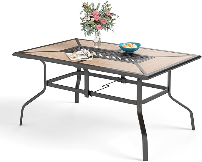 Sophia & William Rectangular Outdoor Dining Table with 1.6"-2" Adjustable Umbrella Hole, 6 Person Patio Table for Outdoor, Rectangle Patio Table with Faux Wood Tabletop and Metal Steel Frame