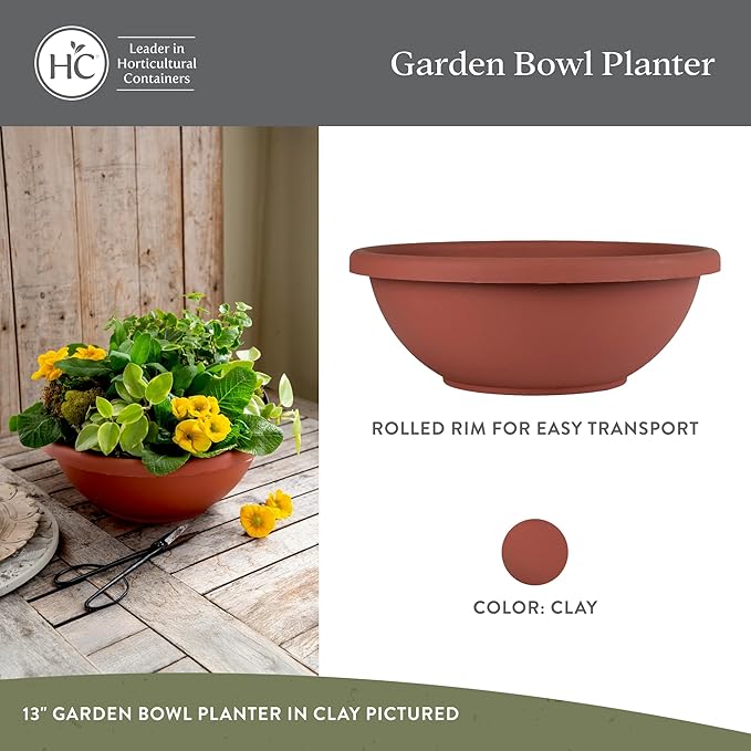 The HC Companies 24 Inch Large Garden Bowl Planter - Shallow Plant Pot with Drainage Plug for Indoor Outdoor Flowers, Herbs, Clay
