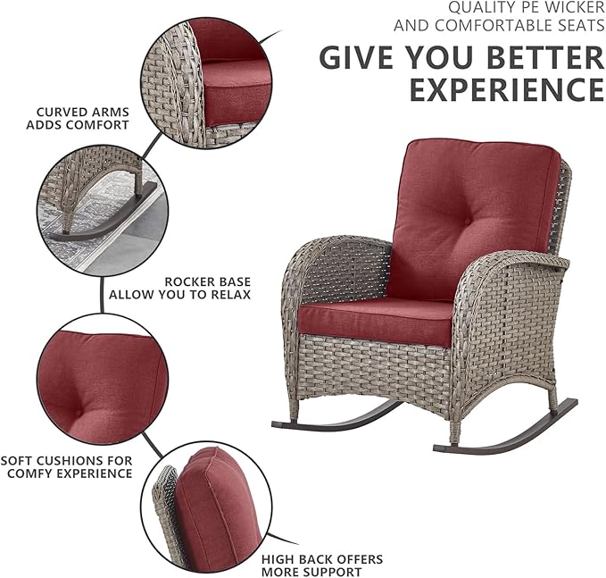 Belord 6 Pieces Patio Rocking Chairs Outdoor Furniture Set with Outdoor Couch and Ottoman Conversation Patio Furniture Set Perfect for Deck Sunroom Backyard Gray/Red