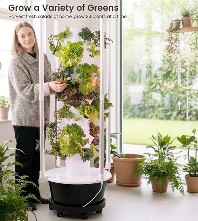 Vertical Hydroponics Growing System Kit, 28-Plant Spacious Indoor Hydroponic Garden Tower with Automatic Timer LED Grow Lights & Pump System, Herb Garden Planter Indoor Kit with 30L Water Reservoir
