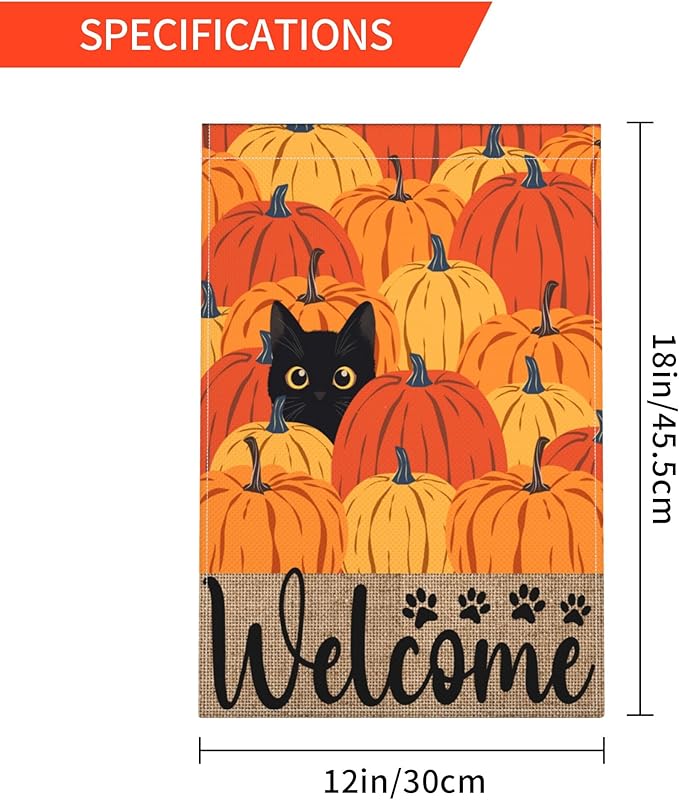 Fall Pumpkin Welcome Garden Flag 12x18 Inch Black Cat Double Sided Autumn Decor Thanksgiving Holiday Yard Flags Outdoor Decorations
