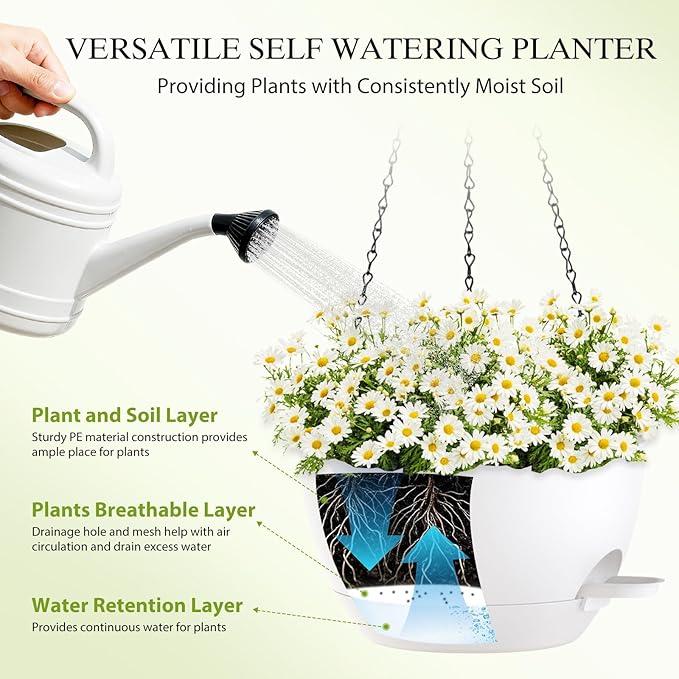 SQKH 10 Inch Hanging Baskets 2 PC with Chains, Self-Watering Hanging Planters for Indoor Outdoor Plants, Plastic Hanging Flower Pots,White