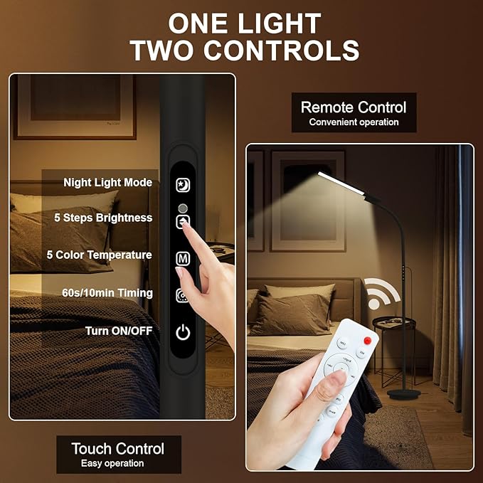 Sozapooty Happy Lamp,10000 Lux Sun Light, Floor Daylight Lamp with Remote & Touch Control & Adjustable Gooseneck for Reading/Office/Home (Black)