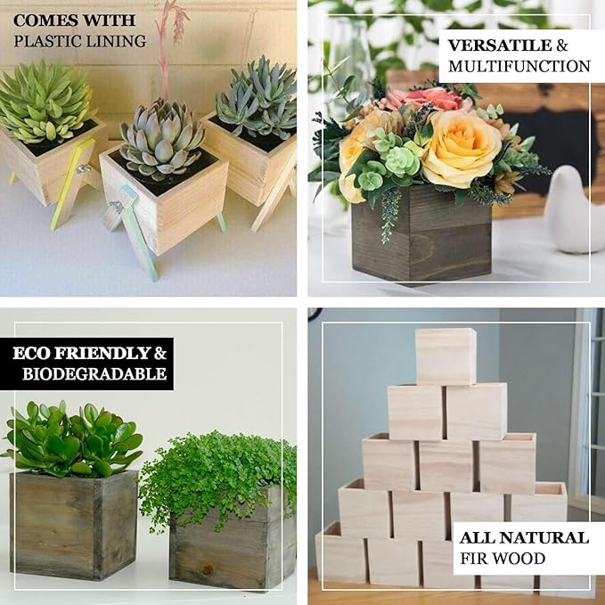Efavormart 2-Pack 5"x5" Whitewash Wood Planter Boxes with Plastic Liners, DIY Rustic Square Wooden Boxes for Succulents, Table Centerpieces and Wedding Party Decor