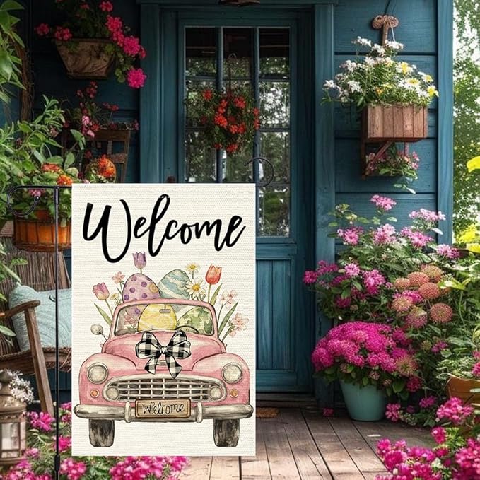 Welcome Easter Garden Flag 12x18 Inch Double Sided Burlap Pink Vintage Car Easter Eggs Flowers Buffalo Check Bow Outdoor Decor for Yard Patio Spring Decor