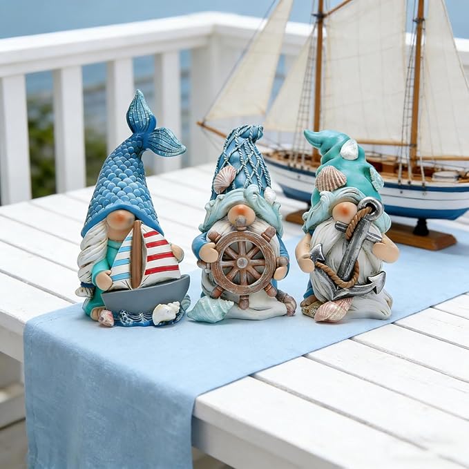 Hodao Ocean Gnome Figurines Set of 3, Nautical Resin Decor with Sailboat Anchor Helm Design, Cute Coastal Gnome Statues for Valentine’s Day Easter, All Season Home Decor