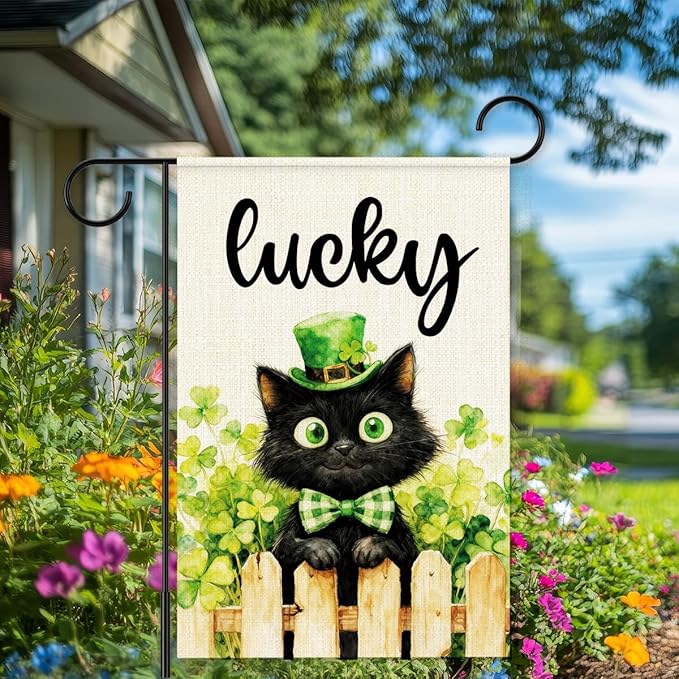 St Patricks Day Garden Flag 12x18 Inch Double Sided,Lucky Shamrocks Cat with Green Hat Outdoor Irish Decor House Porch Flag for St Patrick's Day Party and Yard Decorations