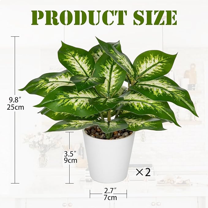 GnFlus Set of 2 Fake Tropical Plants with White Pots Artificial Potted Plants Artificial Leaves Decor for Farmhouse Room Bathroom Bedroom Kitchen Office Table Desk Green and White