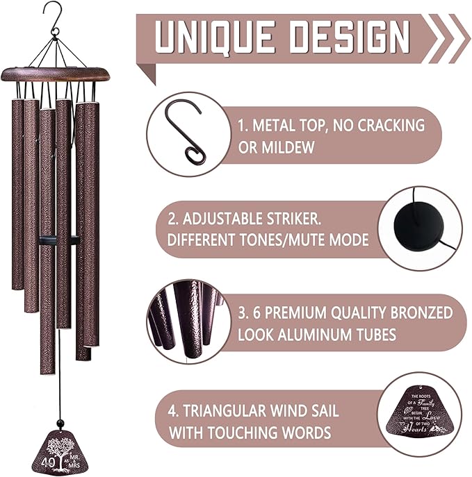 Fusui 40th Anniversary Wind Chimes Gifts, Happy 40th Anniversary Decorations Gifts for Couple Husband Wife Men Women, 40 Year Wedding Anniversary's Keepsake Ideas Gift Wind Chimes for Outside 32"