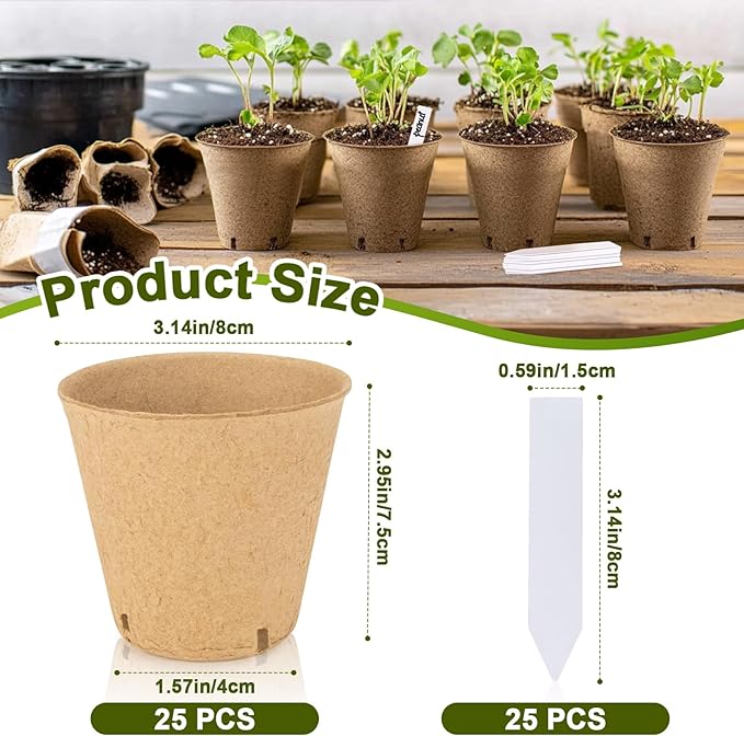 RAINFLOW 25PCS Peat Pots with Labels-Biodegradable Eco-Friendly Pots for Seedlings with Drainage Holes,Garden Germination Nursery Pot for Flower Vegetable Tomato Saplings & Herb Seed Germination