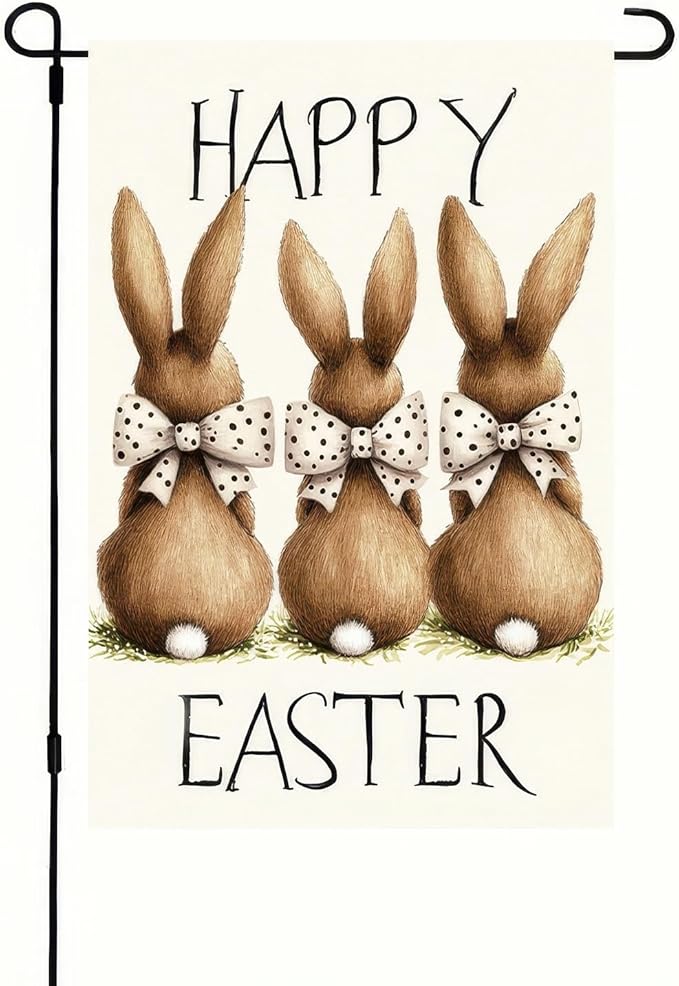 Happy Easter Garden Flag 12x18 Inch Double Sided Bunny Bow Yard Flag Outdoor Welcome Yard Holiday Decoration Colorful Easter Three Cute Bunny Holiady Supplies
