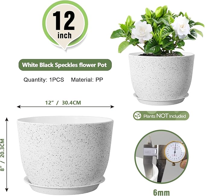 Meowell Plant Pots 12 inch, Plastic Planters with Drainage Holes and Saucers, Large Flower Pots for Indoor Outdoor Plants, Modern Decorative Pots for Garden House Plants, Speckled White