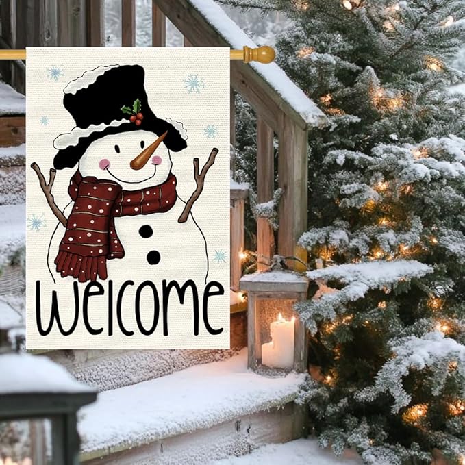 Snowman Snowflake Garden Flag 24x40 Inch Small Double Sided Burlap Vertical,Xmas Winter Welcome Holiday Christmas Decorations Yard Lawn Outdoor Decor Banner (RMQ-67D, 28"X40")