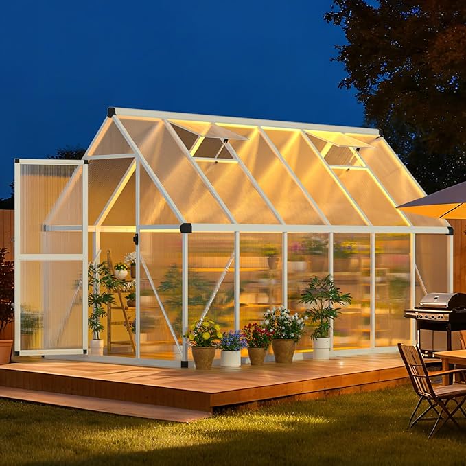 IDEALHOUSE 6x11 FT Greenhouse for Outdoors, Lockable Door and Ajustable Roof Vent, Polycarbonate Greenhouse with Windproof Aluminum Frame, Aluminum Walk-in Greenhouses, for Backyard, Lawn