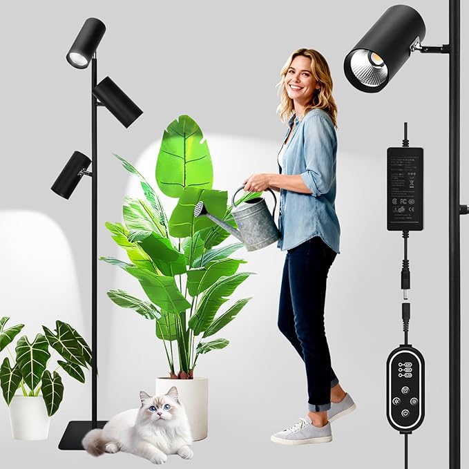 90W Dimmable Grow Light, Full Spectrum COB LED Triple-Head Floor Lamp with High PPFD&CRI, 6/8/12H Timer, Adjustable Height (43"-83") & Angle – Standing Grow Lights for Indoor Plants (6000K Daylight)