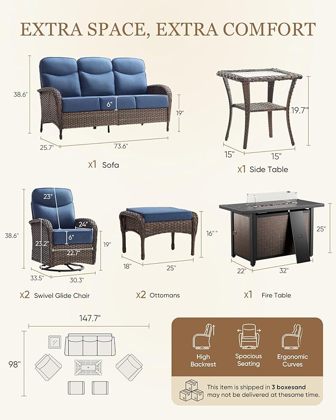 Belord Upgraded 6“ Cushion Luxury Patio Furniture Set with Fire Pit Table - 7 Piece Wicker Furniture Set with High Back Swivel Rocker Patio Chairs, Conversation Set for Deck Porch Yard - Brown/Blue