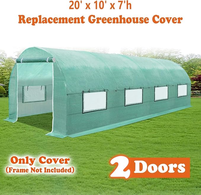 Replacement Cover for Portable Greenhouse, Large Walk-in Green Hot Garden House Top Tarp 2 Zippered Doors 8 Roll-up Windows (Frame Does NOT Included) (20 x 10 x 7 ft)