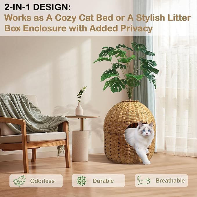 Hidden Cat Litter Box Plant Furniture Enclosure House w/ Faux Plant, Decorative Handwoven Rattan Round Planter Cat Bed for Indoor Cats w/ Odor Control Filter, in Living Room Bedroom Corner Natural