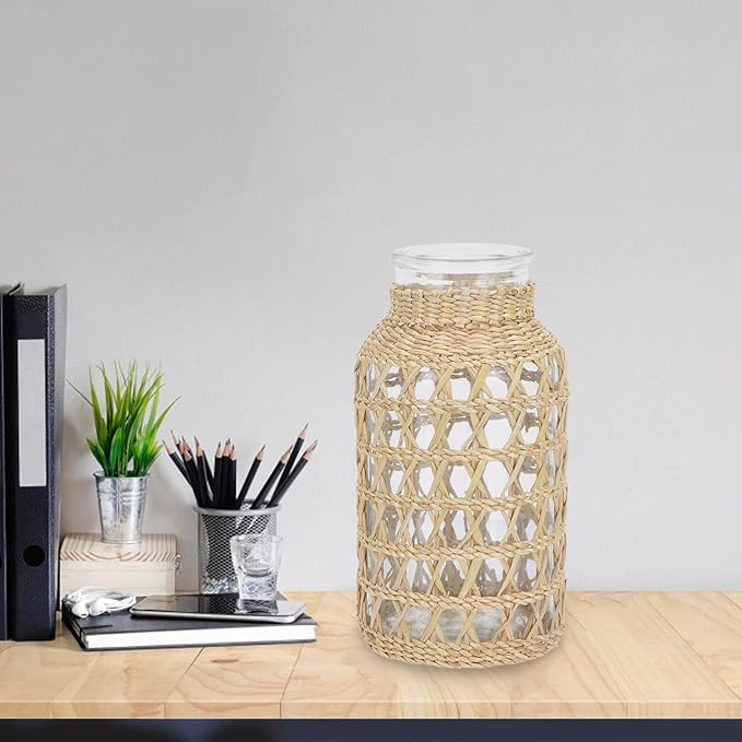 Cabilock Small Clear Flower Vase with Rattan Woven Cover Flower Bud Container for Farmhouse Floral Arrangements Housewarming Party Decorations (3.2x3.2x6.2 inch)