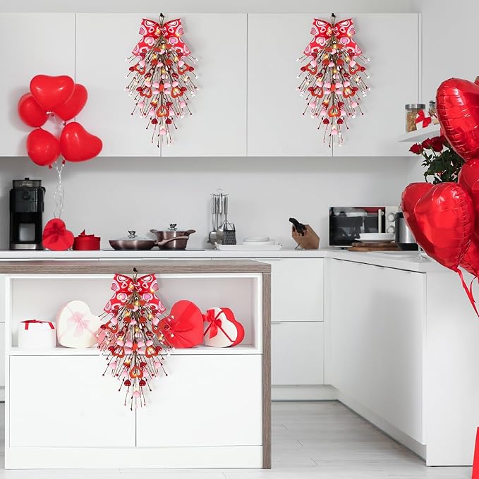 2 PCS 24" Valentine’s St.Patrick's Day Swag Wreath for Front Door Artificial Heart Shamrock Teardrop Swags Wreath Lucky Irish Valentines Kitchen Cabinet Wreaths for Home Porch Wall Window Decoration