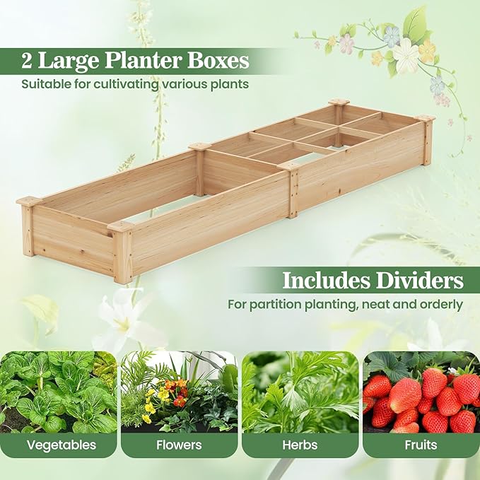 Giantex Wooden Raised Garden Bed with 2 Planter Boxes & Dividers, 90"x25"x10" Raised Bed for Flowers Vegetables Fruits Herbs Gardening Planting, Outdoor Garden Box for Patio Backyard Lawn (1)