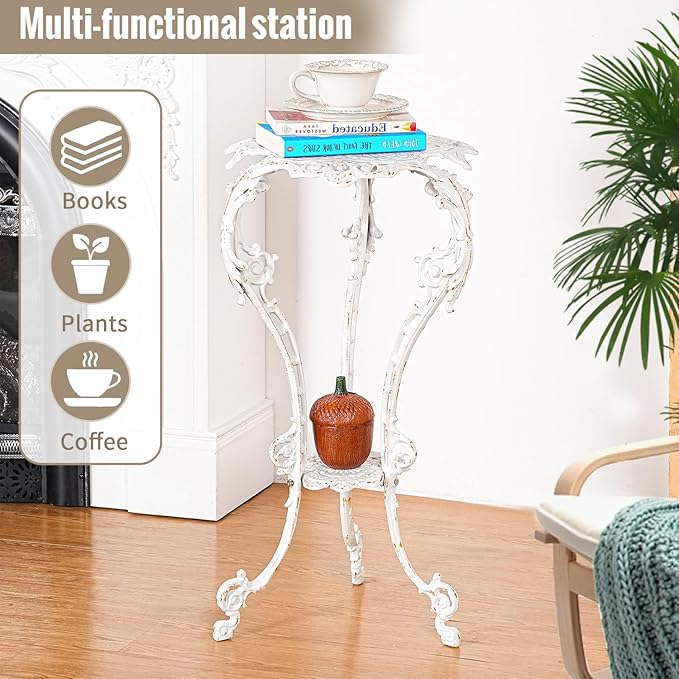 Sungmor Heavy-duty Cast Iron Plant Stand Patio Side Table, 15.3" Wide 27.5" Tall 2-layer Potted Pedestal, Vintage Rust White Planter Holder, Elegant Victorian Style Indoor Outdoor Decorative Pot Stand