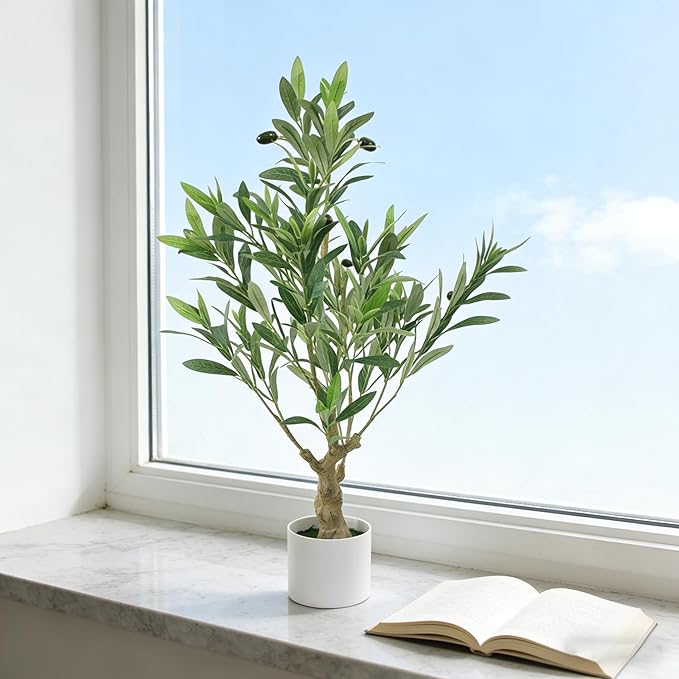 Abyjifar 34" Fake Olive Tree with Pot Indoor, Small Artificial Olive Branches Stems Potted Greenery Faux Green Plants in Pot for Tabletop Desk Office Bedroom Bathroom Kitchen Living Room Home Decor