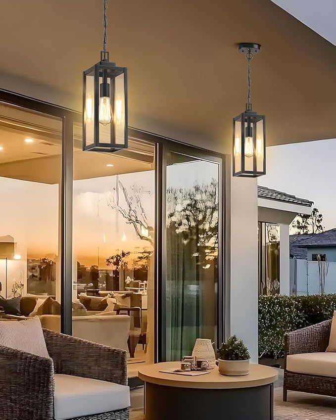 15'' Large Motion Sensor Outdoor Pendant Lights, Dusk to Dawn Modern Outside Chandelier Outdoor Hanging Lantern with Clear Glass, Exterior Pendant Lighting Fixture for Porch, Yard, Black, 1Pack