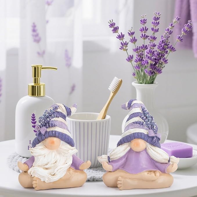 Hodao 2PCS Zen Lavender Meditation Gnomes Figurines Set- Yoga Themed Inspired Home Table & Shelf Decor for Relaxation & Serene Living Spaces Yoga Lavender Decor Retirement Gifts for Women (Purple)