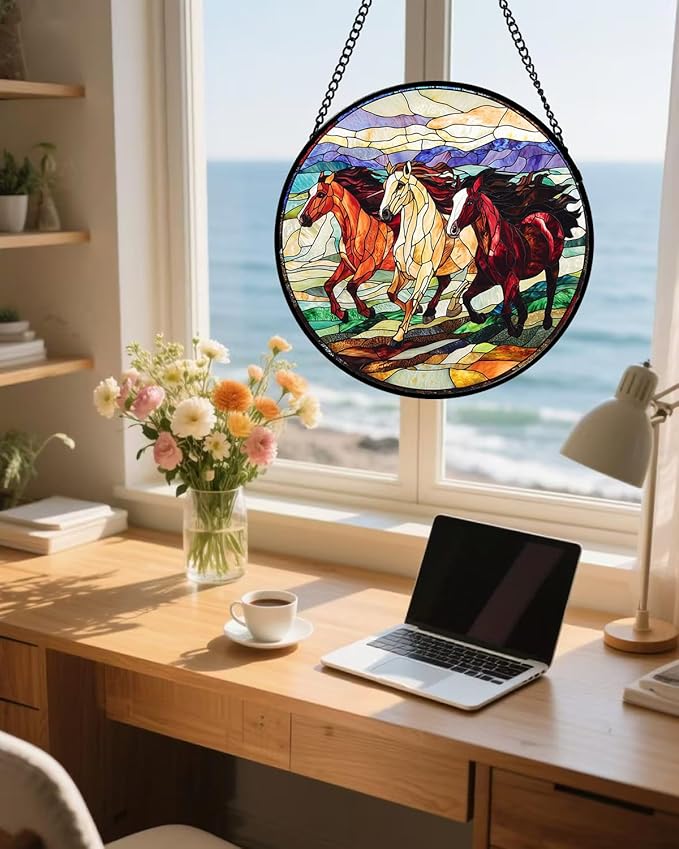 AMDERVEN Stained Glass Window Hanging, Galloping Horses Sun Catcher for Door Home Decor Colorful Suncatcher Christmas Mother's Day Birthday Gifts for Women Men Mom and Nana 15 in