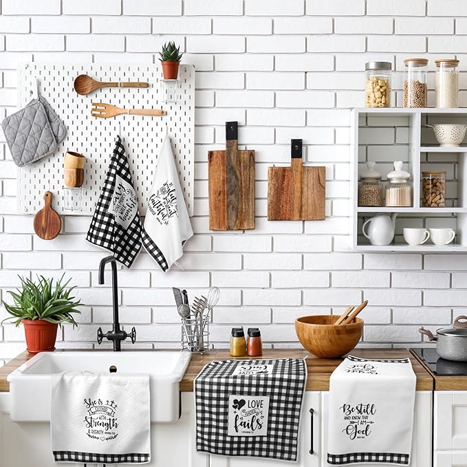 Hahafelt 8 Pc Religious Christian Kitchen Dish Towel Black and White Check Cleaning Dishcloth Towels Bathroom Home for Christian Gift for Men Women Housewarming