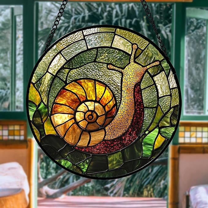 AMDERVEN Stained Glass Window Hanging, Green Orange Snail Sun Catcher for Door Home Decor Suncatcher Christmas Mother's Day Birthday Gifts for Women Men Mom and Nana 9.8 in