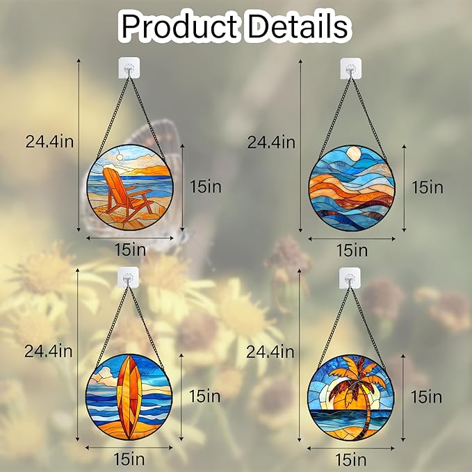 DASTOLL Stained Glass Window Hanging 4 Pcs Set Blue Orange Ocean Beach Theme Large 15" - Suncatcher Door Garden Sun Catcher Decor Birthday Christmas for Mom Woman Nana Men Wife