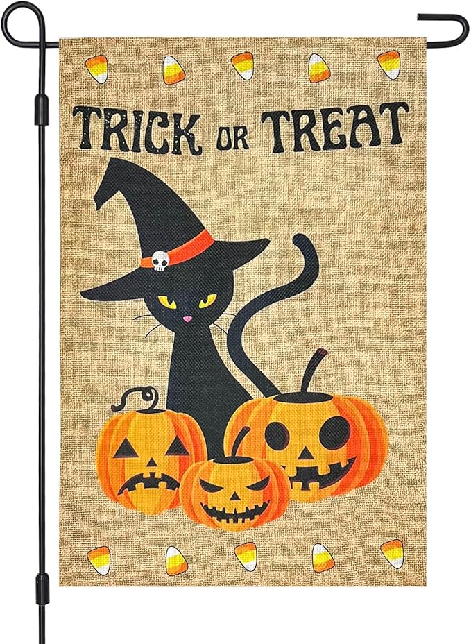 Halloween Trick Or Treat Black Cat and Pumpkins Burlap Garden Flag, Double Sided 12×18 Inch Halloween Jack-O-Lantern, Outside Small Yard Outdoor Flags Porch Lawn Yarde Decoration