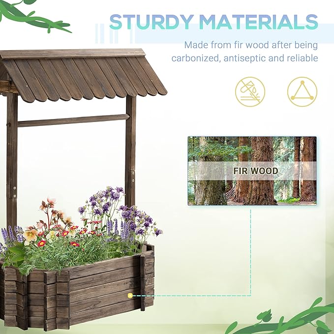 Outsunny Wishing Well Planter, Wooden Raised Garden Bed, Ornamental Outdoor Flower Planter for Outdoor Garden, Yard, Lawn, and Home Decor