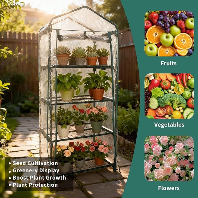 4 Tier mini Indoor Greenhouse Upgraded with Shelf Clips,27"x19"x62" Greenhouse for Indoors&greenhouses for Outdoors with PVC Cover and Roll-Up Zipper Door